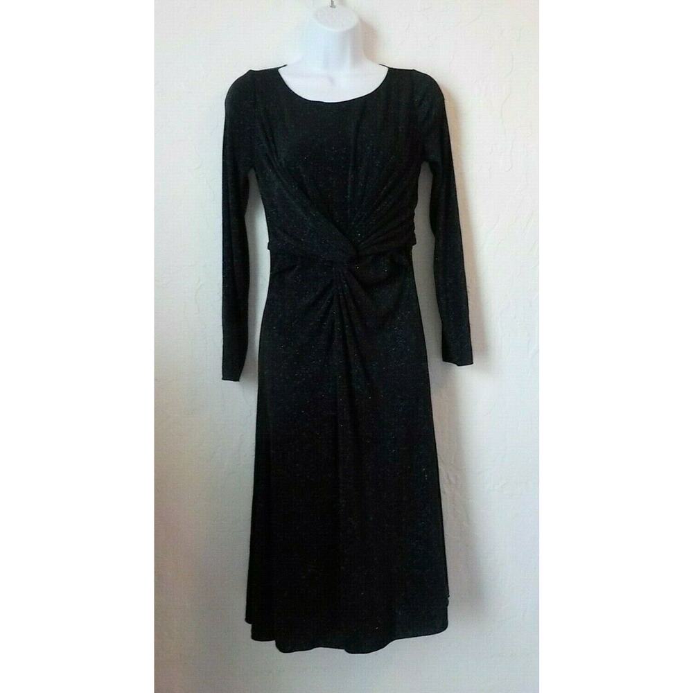 Armani Collezioni Black Ruched Knot Dress Women size 6 Blue Glitter Long Sleeves